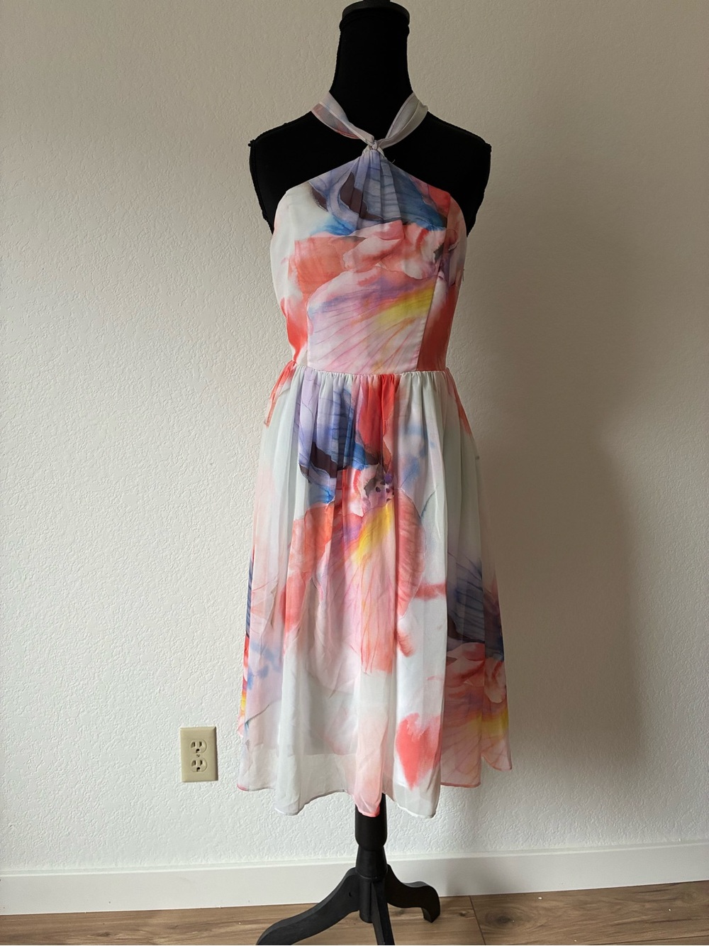 White House Black Market Watercolor Floral Halter Midi Dress Summer Flowy Party